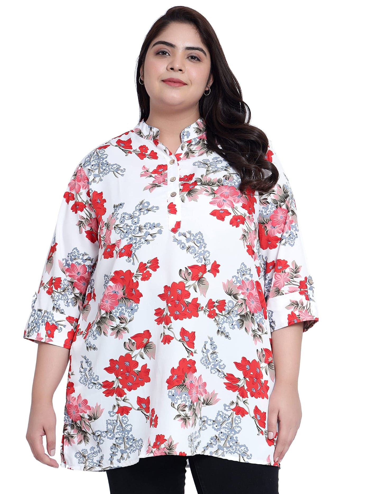 Indietoga Women's Plus Size Casual Tunics (10001411_White Floral Printed_5XL)