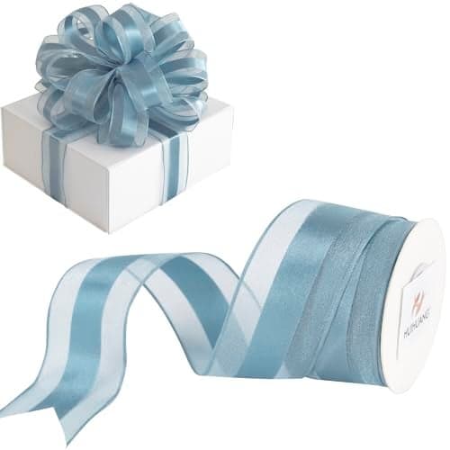 HUIHUANG Dusty Blue Sheer Wired Ribbon with Satin Stripe 112 Blue Wired Ribbon for Bows Making Wreaths Gift Wrapping Bridal Shower Wedding Decor Thanksgiving DecorContinous 10 Yards