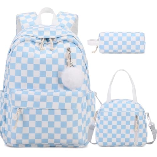 ACESAK Backpack for Girls Corduroy Girls Backpack with Lunch Bag Pencil Pouch for Teen Kids Laptop Backpack for Women Middle High School Bookbag Travel Daypack Blue Chessboard