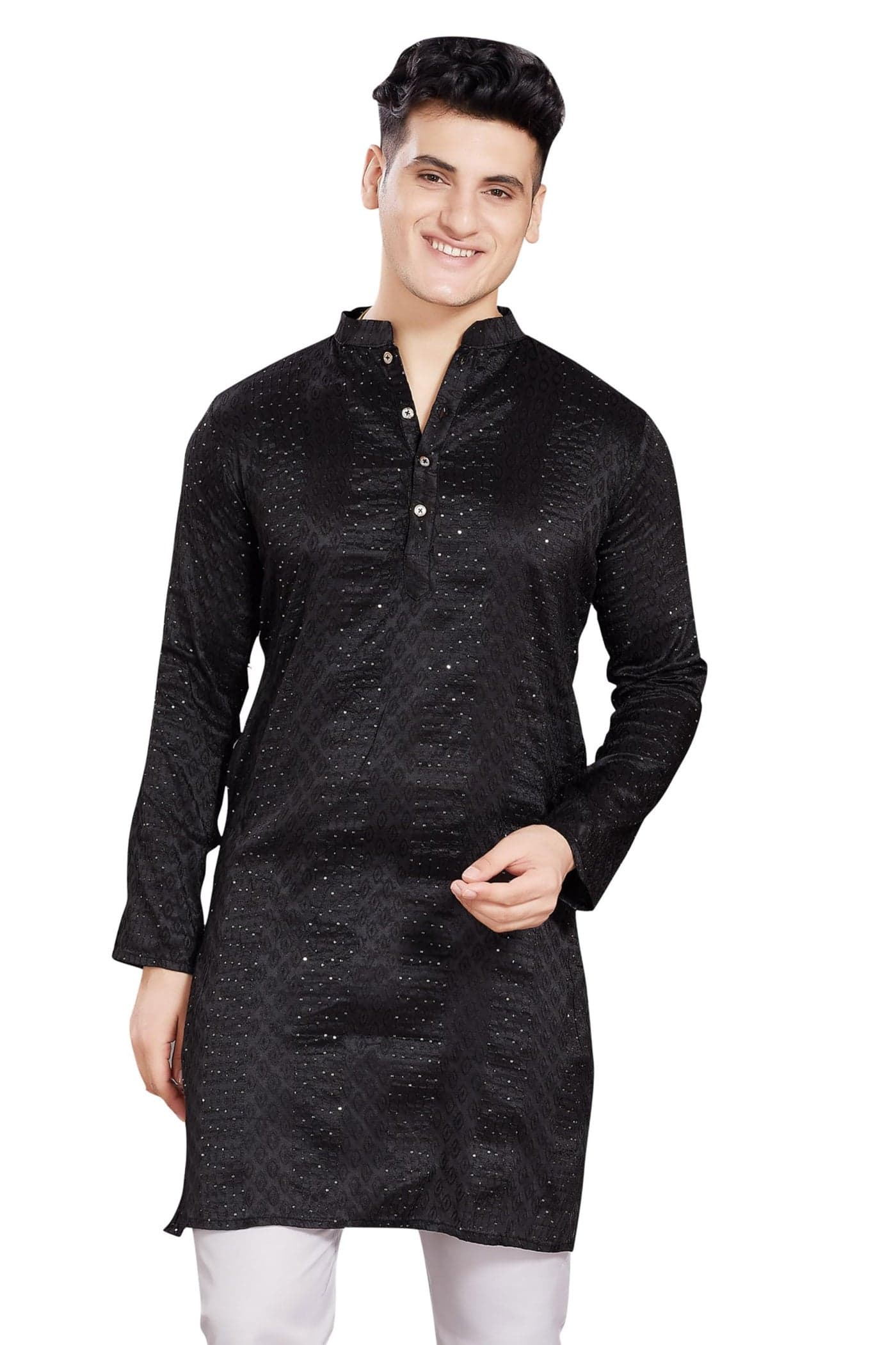 DIVISIVE Men's Jequard Embroidered Art Silk Slim Fit Only Kurta (DKRT429_S_Black)