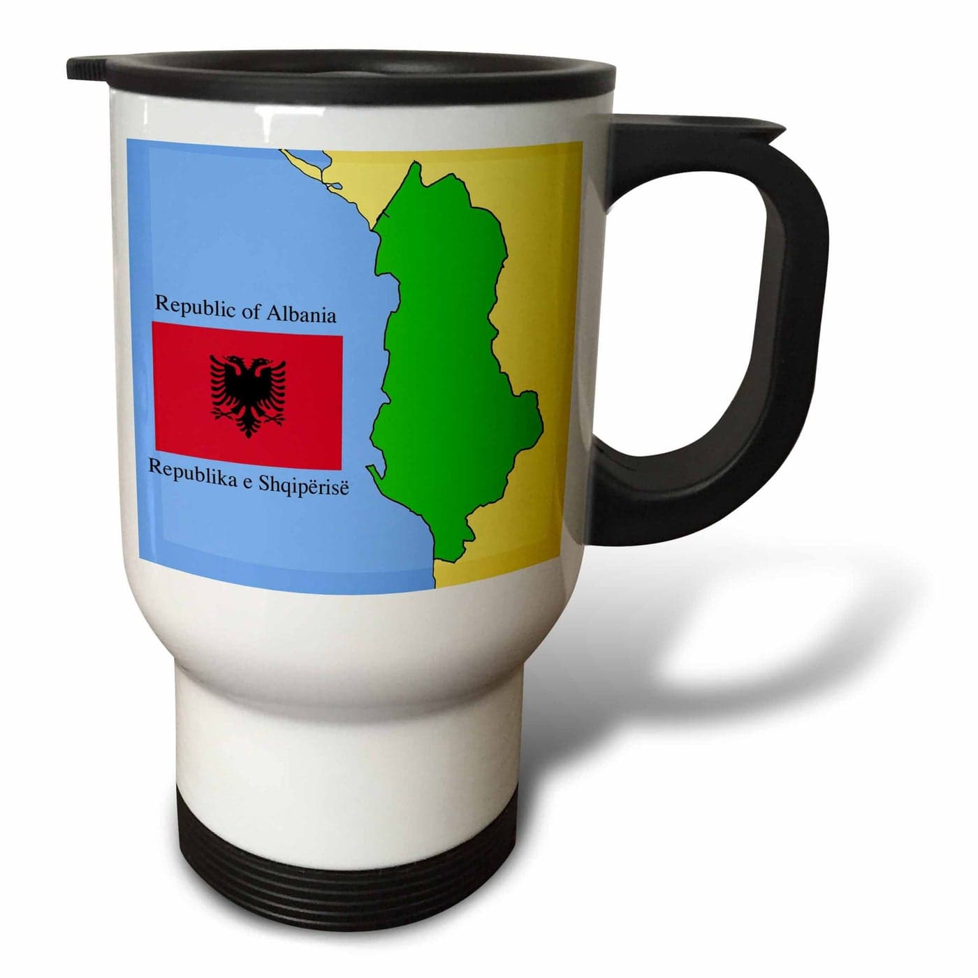 3dRose Flag Map of Republic of Albania in English and Albanian Stainless Steel Travel Mug 14Oz
