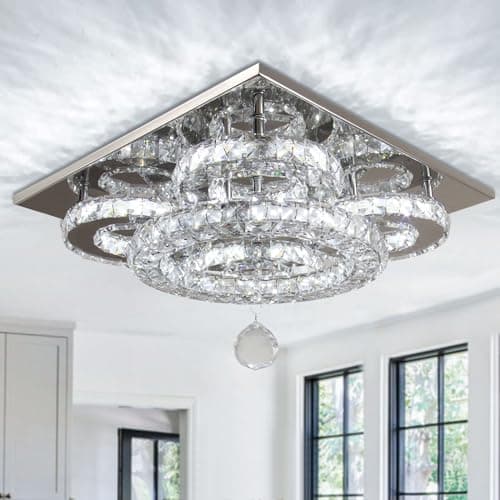 Cainjiazh Modern Crystal Chandelier, 5-Ring LED Flush Mount Ceiling Light, Crystal Ceiling Lamp with Stainless Steel Base for Living Room Bedroom Dining Room Kitchen, Cool White