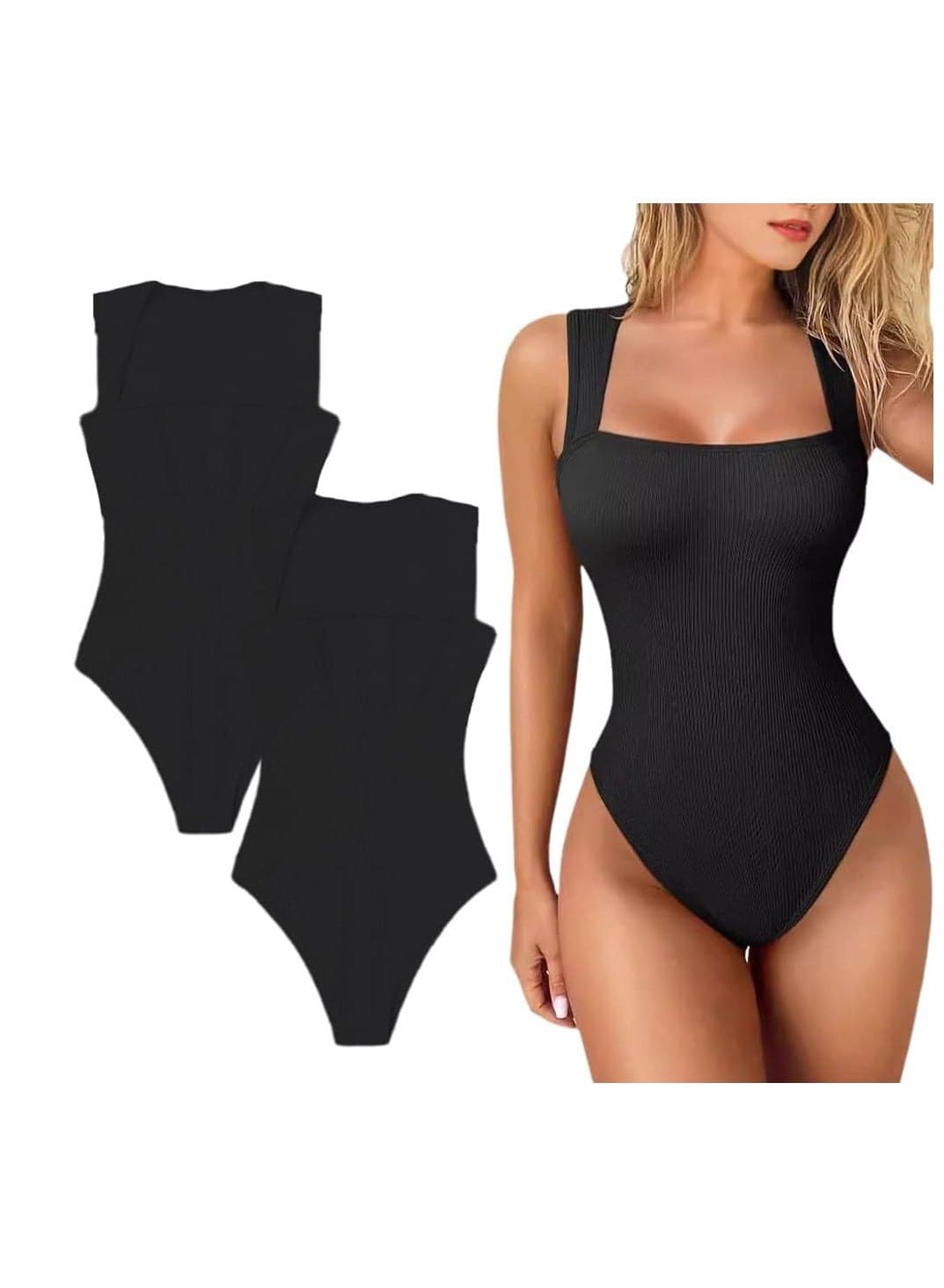 2Pcs Shapewear Bodysuits, Wide Shoulder Straps Seamless Bodysuit, Ribbed Sleeveless Square Neck Stretch Tank, Shapewear Tummy Control Tank Tops Bodysuits for Women, Black L