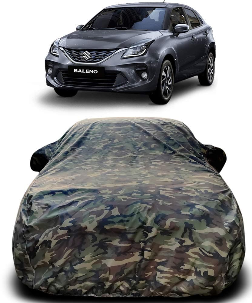 MOTROX Triple Stitched Heavy Weight American in Jungle Print Waterproof Fully Elastic Car Cover with Mirror Pocket Buckle Bottom Compatible with Maruti Suzuki Baleno, Green