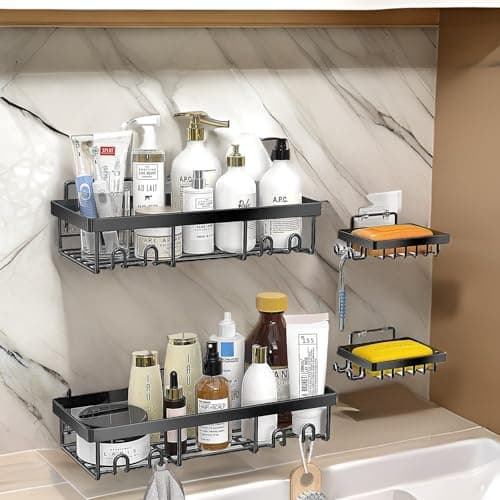 iSTAR Metal Self Adhesive Wall Mount Bathroom Rack Shelf Hanging Shelves with Hooks No Drilling Storage Racks Accessories Set for Home Rustproof 1 Bathroom Shelf 1 Soap Dishes with 2 Sticker