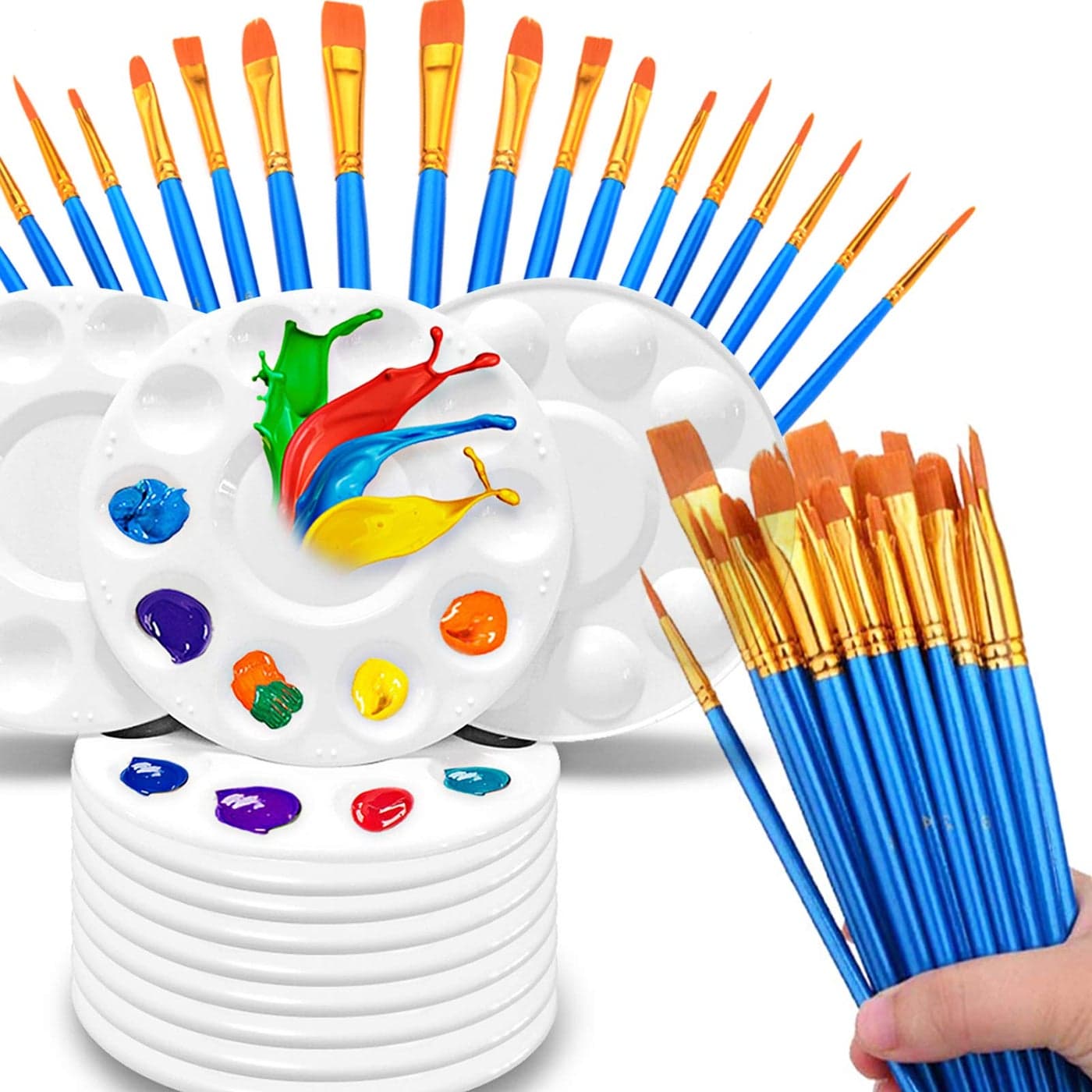 Hulameda Paint Brushes Set 5 Packs 50 Pcs Round Pointed Tip Paintbrushes with 12 Pcs Paint Pallets for Acrylic Oil Watercolor Face Nail Art Miniature Detailing and Rock Painting Blue