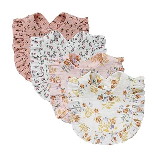 Nishine 4 PACK Solid Muslin Baby Drool Bibs Set for Unisex Boys Girls Cotton Adjustable Teething Feeding Drooling Bibs (Flower Set)