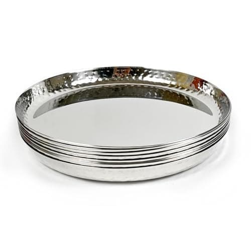Only Rajesh Premium Stainless Steel Dinner Plates Set of 6 - Hammered Finish, Steel Thali for Lunch, Dinner Plate, Tiffin Plates, Dishwasher Safe