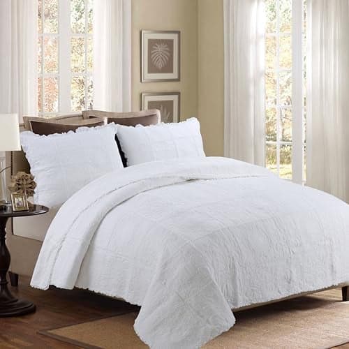 DURLENGEN White Rose Patchwork 100% Cotton King Quilt 3Pcs,White Patchwork with Rose Pattern,Luxury Lightweight Cotton Coverlet Sets for All Season(King 106x96,White Rose Patchwork)