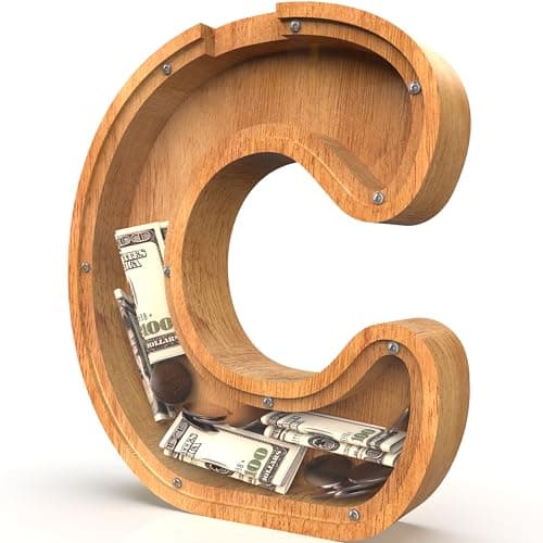 Piggy Bank for Kids Boys Girls Large Personalized Wooden Letter Piggy Bank with CutOut Design Alphabet Letter Coin Banks Money Savings Box Wooden Bank for Kids Creative Gifts for RealMoneyC