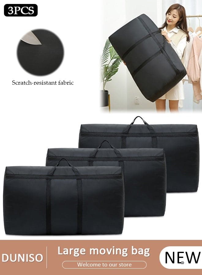 3 Pack Extra Large Moving Bags with Double Zippers Carrying Handles, Heavy Duty Oxford Storage Bag Collapsible Reusable Bag for Books Quilt Toys Dorm College Moving Camping Hiking, Size 73*50*27cm