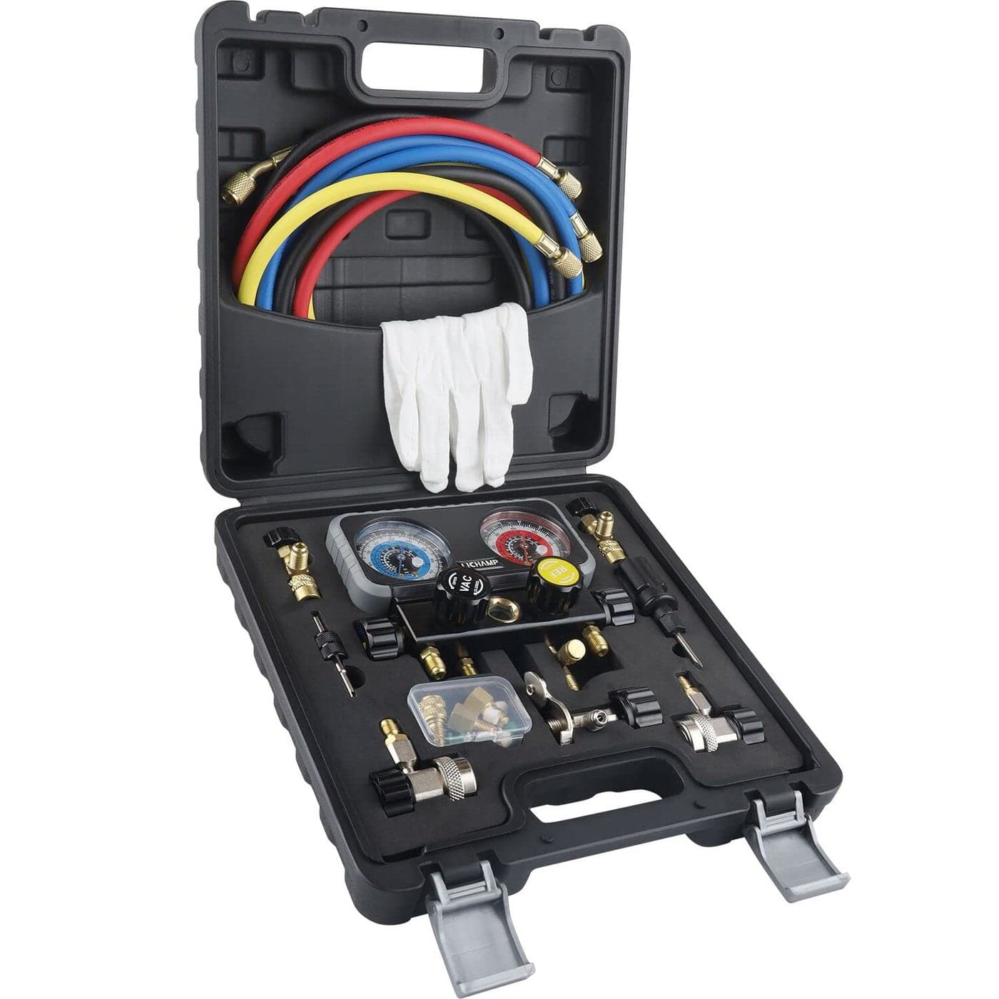 Lichamp HVAC R410A Manifold Gauge Set AC R134A Freon R22 R32 410A 134A Diagnostic Manifold Gauge with Hose Kit Air Conditioner Refrigerant Recharge Kit