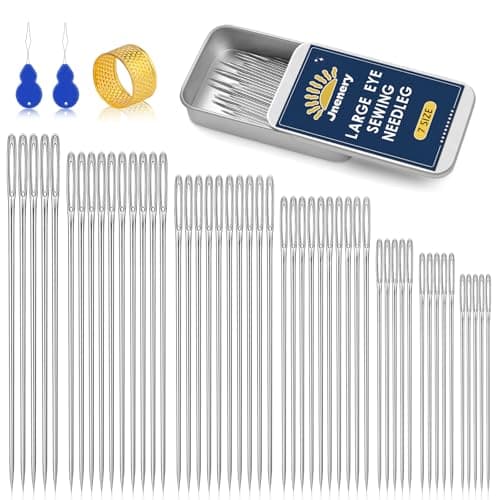 50 Pcs Large Eye Sewing Needles, 7 Size Sewing Needles for Handsewing, Leather Embroidery Thread Sharp Needle, Stainless Steel Yarn Knitting Needle with Threader, Thimble for Repair, Quilting