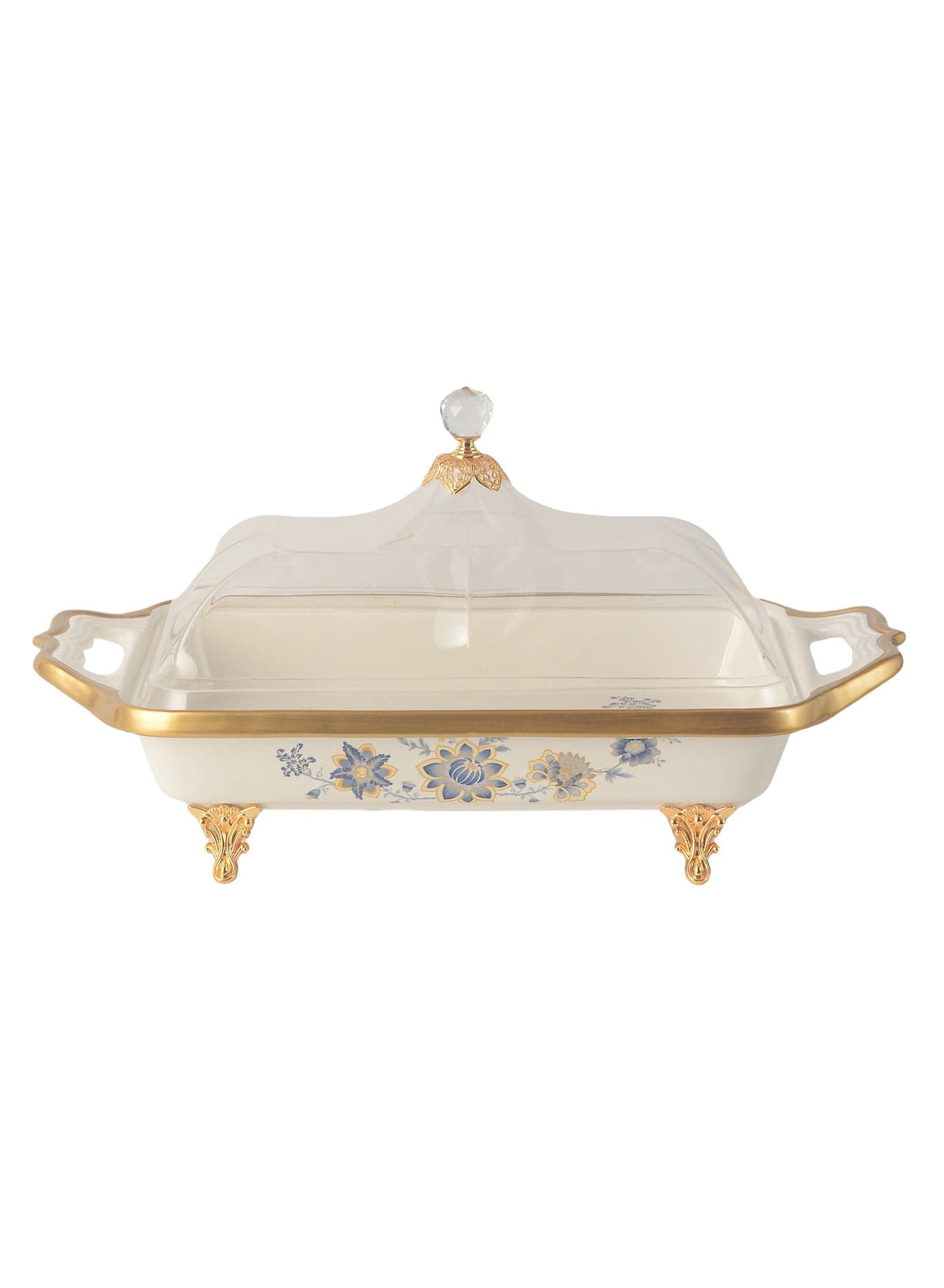 Life Smile LIFE SMILE Round Bone China Fruit Bowl With Cover - Serving Basket with Gold Stand and Acrylic Lid with Knob For Fruit ,Snack, Nuts ,Cake & Dessert Storage