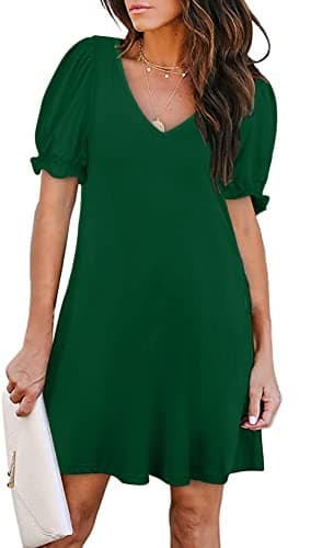 Aloodor Casual Tshirt Dresses for Women V Neck Short Sleeve Green Dress M