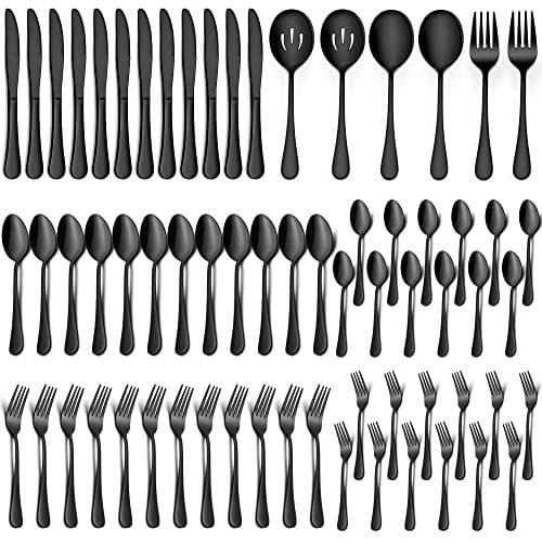 LIANYU 66Piece Black Silverware Set with Serving Utensils Stainless Steel Black Silverware Flatware Set for 8 Elegant Cutlery Tableware Includes Forks Spoons Knives Dishwasher Safe