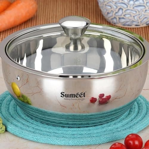 Sumeet Stainless Steel Casserole with Glass Lid (1750ml) | Includes Roti & Gravy Pots | Keeps Food Warm & Fresh | Ideal for Rotis, Chapati, and Sabzi | Dishwasher Safe