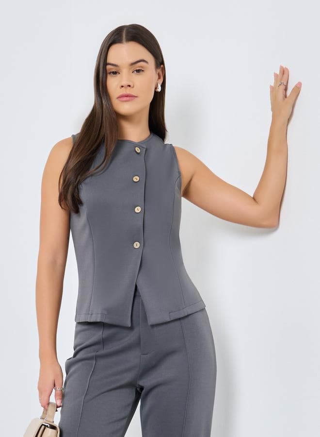 Styli Round Neck Fitted Buttoned Vest
