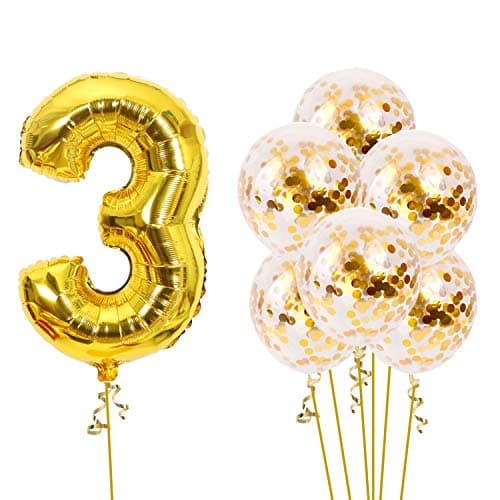 Party Propz Number 3 Golden Foil Balloon With Confetti 7Pcs Combo For Birthday Or Anniversary Party Decoration