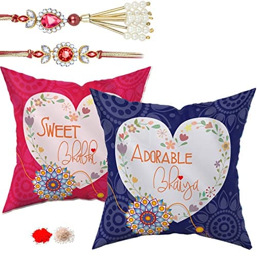 Kaameri Bazaar Rakhi for Brother and Bhabhi Gift Pack - Lumba Rakhi Set, 2 Cushion Cover with Filler, Raksha bandhan Greeting Card, Roli Chawal - Adorable bhai Sweet bhabhi Quote