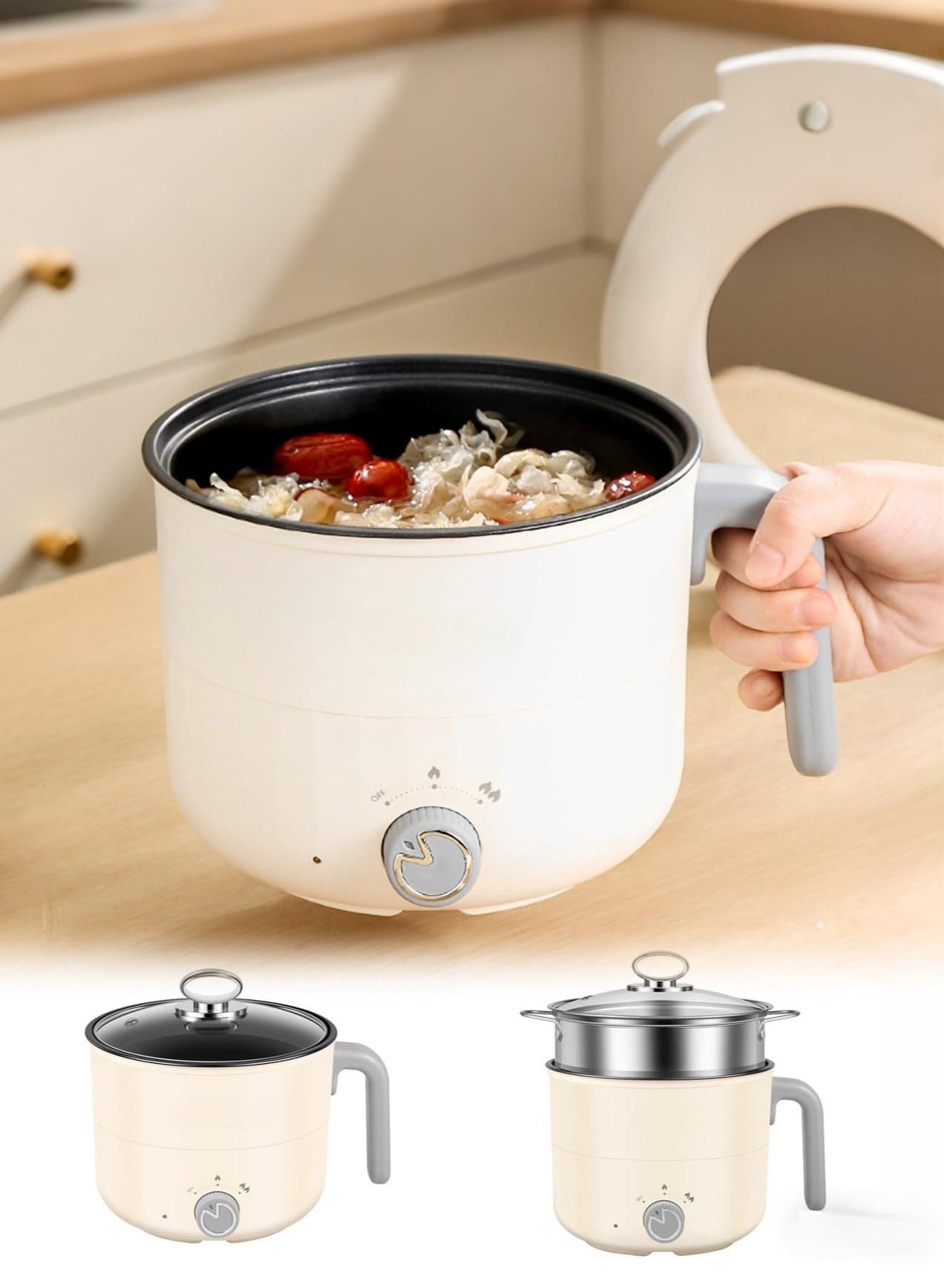 1.8L Electric Hot Pot Multifunctional 304 Stainless Steel Non-Stick Electric Skillet with Steamer, Knob Control 2 in 1 Steam & Cook Pot for Household, Dormitory, Student, Ramen, Soup, Stir Fry