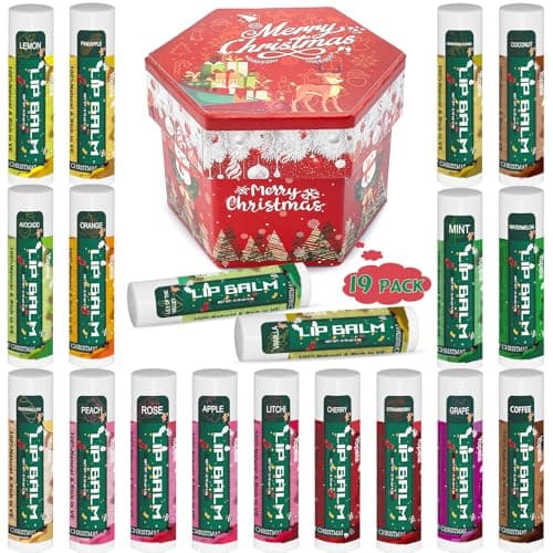 Yopela 19 Pack Christmas Natural Lip Balm Bulk with Vitamin E and Coconut Oil Lip Care Set Moisturizing Soothing and Repairing Dry and Chapped Lips 19 Flavors NonGMO