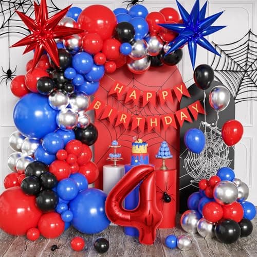 Sllyfo Spider Theme Birthday Decorations Party Supplies Balloon Arch Kit Spider Theme 4th Birthday Decorations Boys Girls 4 Year Old with Red Blue Balloons