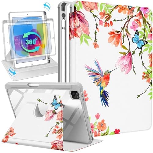 Uppuppy for iPad Pro 129 Case Folio Cover with Pencil Holder Kids Girls Women Cute Pretty Flower Girly Birds Colorful Design Rotating Stand for Apple iPad Pro 129 Inch Cases 2022202120202018