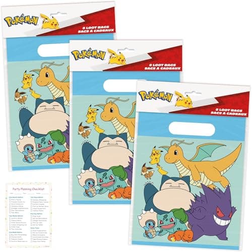 Unique Pokemon Goodie Bags | 24 Count | Plastic Party Favor Bags - Pokemon Birthday Party Decorations and Supplies, includes Checklist | Officially Licensed