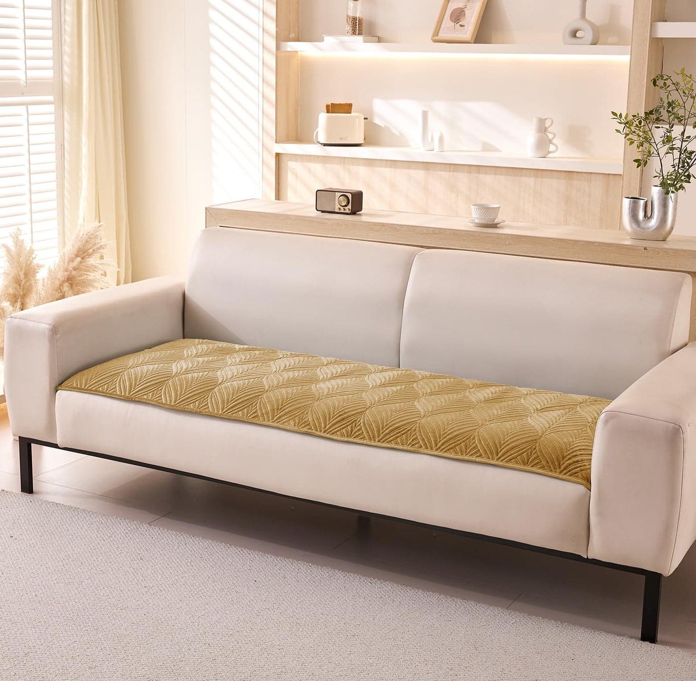 House of Quirk Velvet Plush Sofa Cover Palm Leaves Quilted Sofa Cover 1/2/3/4 Seater Mat Anti-Slip Stretch Seat Pad Sofa Slipcover for Furniture Protector (One Seater, Beige, 70x70cm)