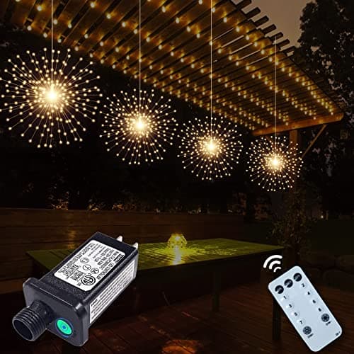 4 Pack 800 LED Plug in Starburst Sphere Lights,Firework Light 8 Modes Dimmable Remote Control,Waterproof Copper Wire Hanging Fairy Lights for Patio Parties Tent Christmas (Warm White)