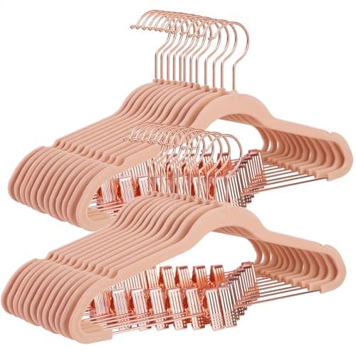 SONGMICS 24 Pack Pants Hangers, 16.7 Inch Coat Hangers with Rose Gold Colored Movable Clips, Heavy-Duty, Non-Slip, Space-Saving, for Pants, Skirts, Dresses, Light Pink UCRF14PK24