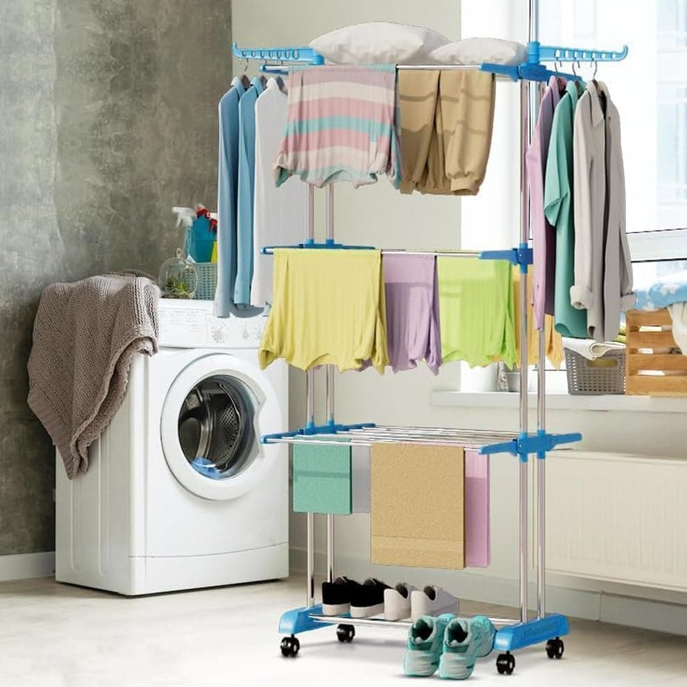 Arena Foldable Cloth Drying Stand Stainless Steel – 3 Tier Heavy-Duty Clothes Dryer for Balcony, Indoor & Outdoor Use | with Wheels & Hanger Slots | Rust-Proof Laundry Rack (Blue)