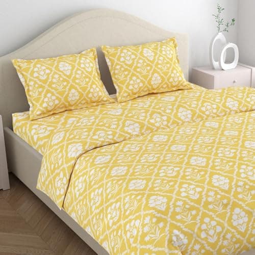 haus & kinder Bedsheet King Size Cotton 186 TC, 108 * 108 Inches Bedsheets for Double Bed King Size with 2 Pillow Cover - Marigold Majesty