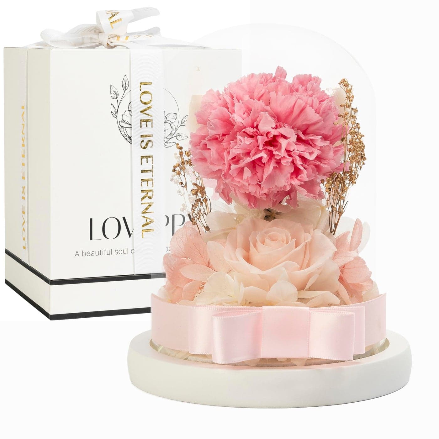 LOVAPPY Flowers Preserved Rose and Carnation in Glass Dome Romantic Home Decor and Gift Fresh Bouquet Forever Flowers Gift for Birthday