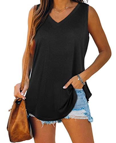 XIEERDUO Womens Tank Tops Loose Fit V Neck Summer Basic Plain Sleeveless Shirts Black L