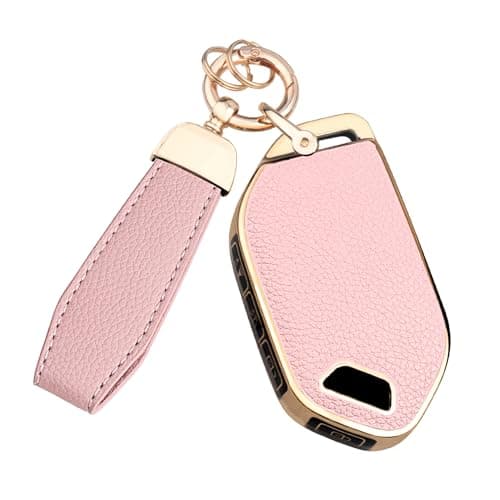 QBUC for Kia Key fob Cover, Leather Texture Fits 2023-2025 Telluride Sorento Carnival K4 K5 GT-Line Key Fob Case, Upper Leather + Soft TPU 360°Car Key Protector with for Kia Accessories (Pink)