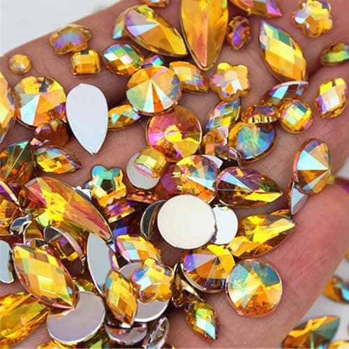 1000pcs AB Crystal Rhinestones Gems for Crafts Flatback Jewels Gemstone for Costume Making Halloween Party Clothes Nail Crafting Embellishments DecorationsGolden Yellow AB