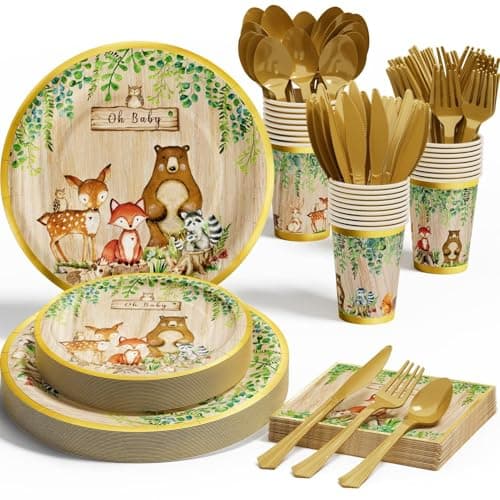 Ecomore Woodland Baby Shower Decorations Supplies - 175PCS Forest Animal Disposable Dinnerware Set (25 Guest) With Gold Paper Plates Cups Napkins Plastic Fork Knives Spoon for Baby Boy Birthday Party