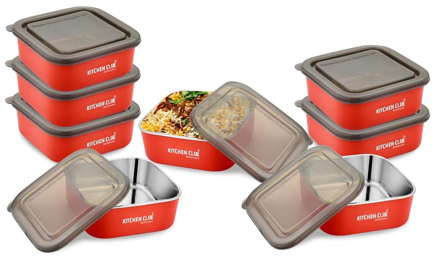 KITCHEN CLUE Stainless Steel Microwave Safe Storage ContainerBox Set Of 8 Pcs Red 16cm Steel Fridge Storage Box For Kitchen Airtight LeakProof Lid Container Ideal For Stroage Serving