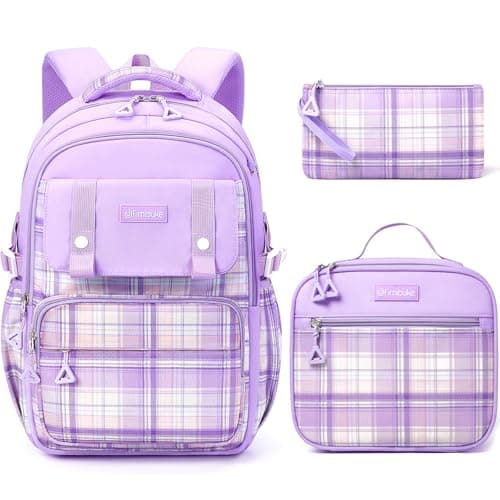 Fimibuke Kids Backpack for Girls, 3 PCS Waterproof Teens Girls School Backpack with Lunch Box, Pencil Pouch Set, Cute Bookbag Travel School Bag for Elementary Middle High School Student Age 6+(Purple)