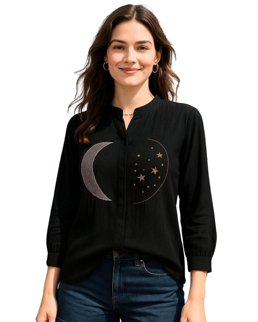 Maaesa Women Black Embroidered Rayon Loose Fit Shirt | Moon and Stars Design | Mandarin Collar | Full Sleeves | Lightweight & Breathable Fabric | Casual Wear & Office Wear
