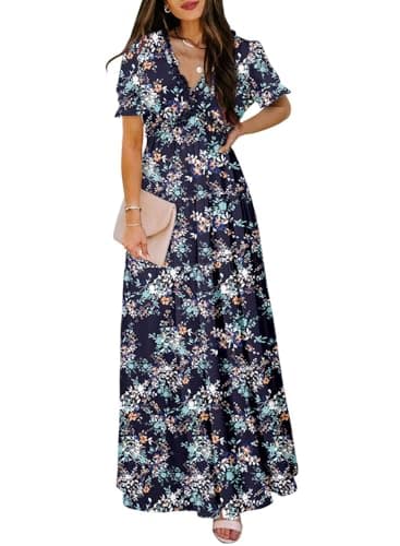 BLENCOT Women's Casual Boho Floral Printed Deep V Neck Loose Short Sleeve Long Evening Dress Ruched Cocktail Party Maxi Wedding Dress Navy Blue Large