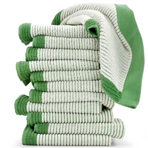Cleanbear Wash Cloths for Showering, 12 Washcloths with Stylish Jacquard Weaved Design, Green Cotton Washcloth Set, 13 x 13 Inches