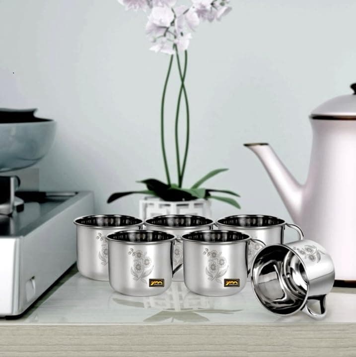YM STAINLESS STEEL Tea Coffee Cup Premium Single Wall Silver Mirror Polish Break Resistant Durable Gifting Item 140ml Set of 6