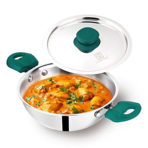 The Indus Valley Triply Stainless Steel Kadai/Kadhai with Steel Lid | 18cm/7.1 inch, 1.3Ltr, 1kg | Suitable for Gas Stoves Only | Nonstick 3-Layer Body, 100% Toxin-Free, No Chemical Coating