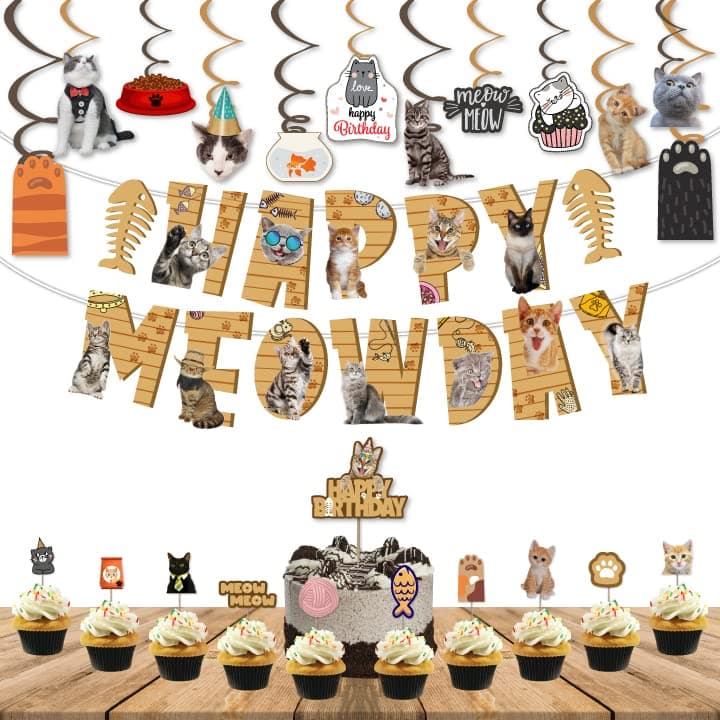 Festiko® 36 Pcs Happy Meowday Banner, Swirls With Cutouts, Cake & Cupcake Toppers For Cat's Birthday, Combo Decoration Supplies For Cats Party, Cat Birthday Supplies, Pet Birthday Decoration