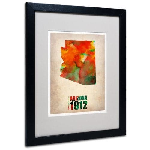 Trademark Fine Art Arizona Watercolor Map by Naxart Matted Framed Art, 16 by 20-Inch, Black Frame