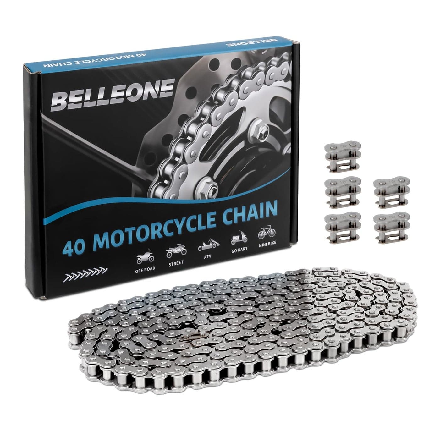 Belleone 40 Roller Chain 10 Feet 40 Chain with 5 Connecting Links for Go Karts Mini Bikes Scooters Motorcycles Bycicles ATV MTV Dirt Bike and Other Industrial Machinery 240 Links