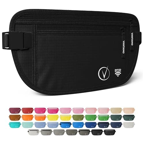 Vantamo Hidden Money Belt For Extra Safety, RFID Protected Ultra-Thin Fanny Pack, 2 Compartment Money Bag Fits Passport & Phone with Case to Protect Valuables, Belt Bag for Traveling, Hiking & Walks